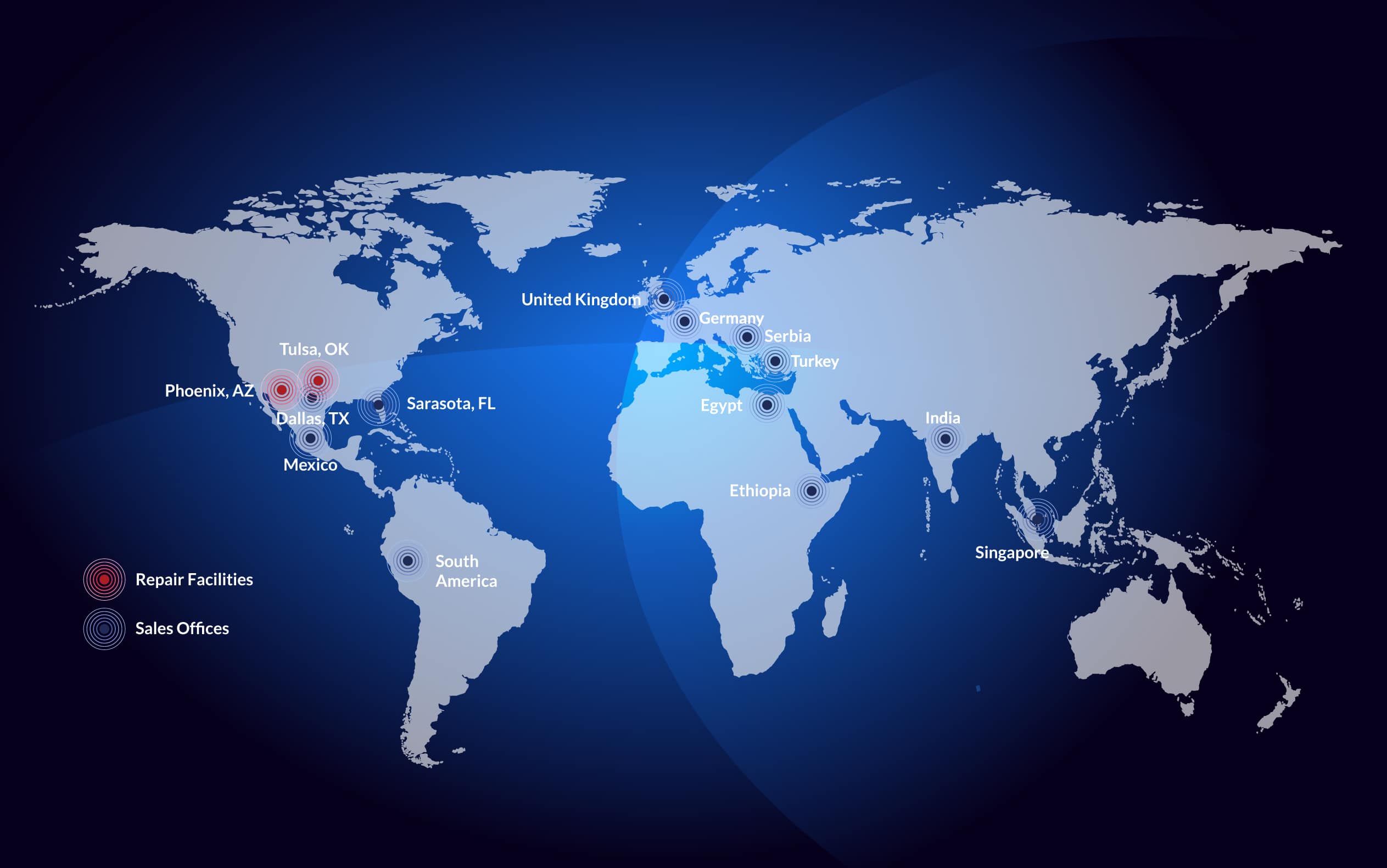 Map of Aviocraft's facilities and sales offices worldwide